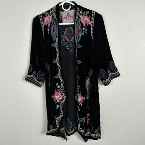 Johnny Was Silk Velvet Burnout Duster Kimono Sweater Jacket Boho Embroidery Sz S